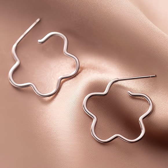 Solid S925 Flower Hoop Stud Earrings-Silver SS038 - Picture 3 of 8